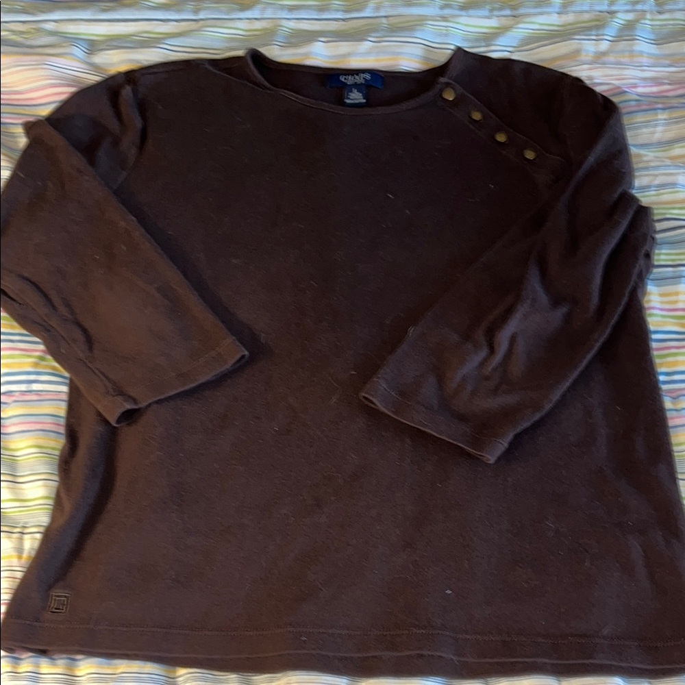 Chaps 100% Cotton Chocolate Brown 3/4 Sleeve Top with Button Detail